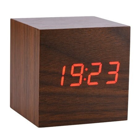 6x6x6cm Wood-Grain Design, Digital Display with Temperature Voice-Controlled LED Alarm Clock