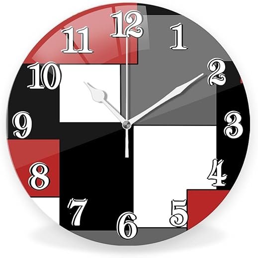 Abstract Art Wall Clock, White Wall Clock Black Red and Grey Geometric Painting, Battery Operated 9.8"x9.8" Round Wall Clock for Kitchen Living Room Bedroom Office Wall Decor