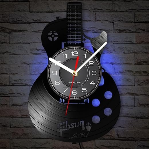 Acoustic Guitar 12" LED Vinyl LP Wall Art Wall Clock 7 Colors Musical Instrument Bedroom Home Interior Wall Decor Vinyl Record Night Light Wall Clock Rock N Roll Music Gift for Men Cave