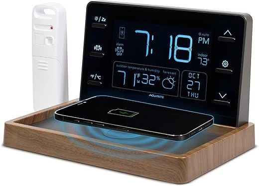 AcuRite Weather Valet with Qi-Certified Wireless Charging Pad, Auto-Dimming LCD Screen, Alarm Clock, Hyperlocal Forecast, Outdoor Temperature and Humidity Measurements, Indoor Temperature Reading