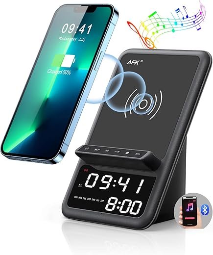 AFK Wireless Charging Station with Bluetooth Speaker and Alarm Clock, 4 in 1 Wireless Charger Compatible with iPhone16 15 14 13 12 11 Pro Max Series,Android Phones(Black)