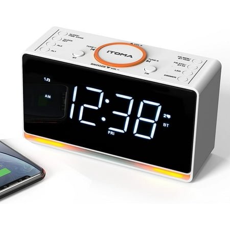 Alarm Clock Radio, 1.4 White LED Display Clock with Bluetooth, FM Radio, Dual Alarm, Sleep Timer, Snooze, Auto & Manual Dimmer, USB Charger and Night Light iTOMA CKS718