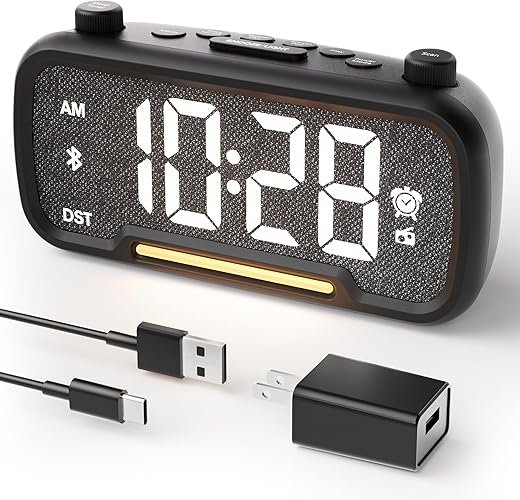 Alarm Clock Radio with Bluetooth Speaker, FM Radio, High Fidelity Sound, Bedside Clock with 2 Charging Ports, Adjustable Dimmer & Volume, Night Light, Auto-off Timer, Ideal for Bedroom and Home Office