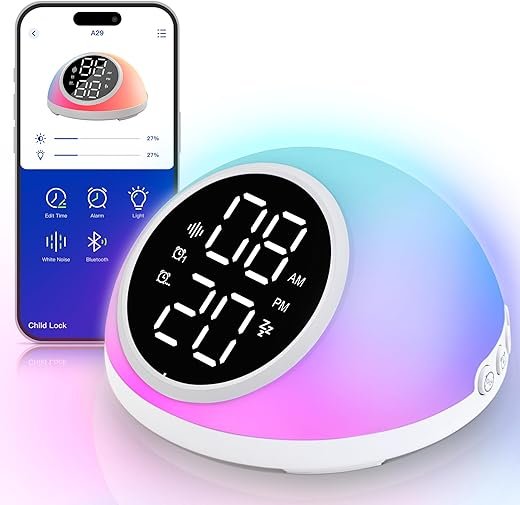 Alarm Clocks Bedrooms Sleep Sounds, Digital Dual Alarm Clock Bedroom, Bedside Alarm Clock Adjustable Brightness Button/App Control Night Light White Noises 12/24H Up to 10 Alarms, White