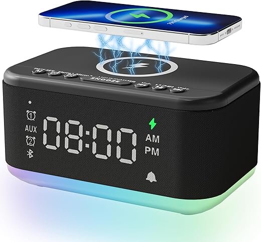 Alarm Clock Speaker Wireless Charger, Digital Alarm Clocks Bedrooms Bluetooth, Alarm Clock Dimmable Light Bedrooms Dual Alarm Snooze Dimmer 12 24H RGB Night Light Bluetooth USB AUX, Black