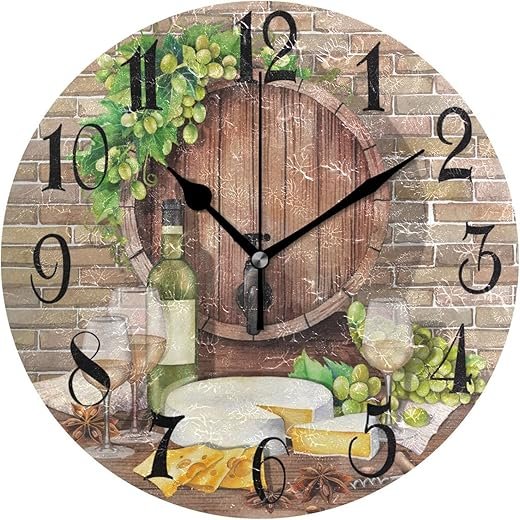 ALAZA Vintage Wine Glasses Bottle Grape Round Wall Clock Non-Ticking Silent Battery Operated Decorative Clock for Living Room Home Office Decor