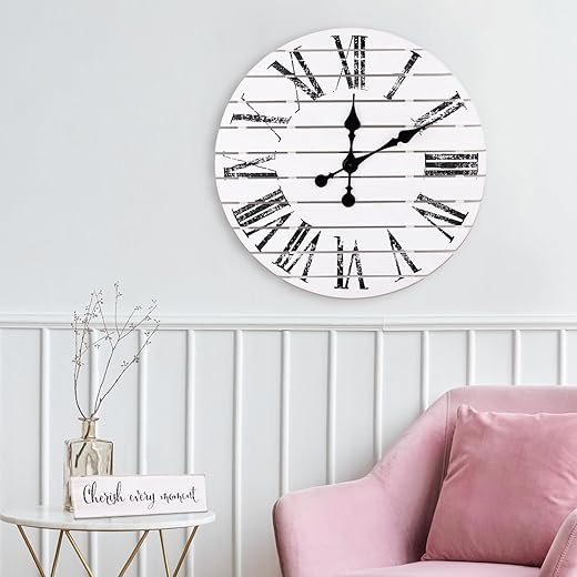 ALBEN Large Farmhouse Wall Clock - 24 inch Round Shiplap Farmhouse Style Clock Bundled with Decorative Reversible Wooden Sign