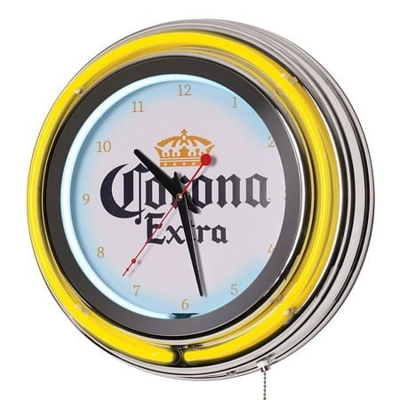 American Art Decor Wood Corona Retro Round Neon Wall Analog Clock with Pull Chain - 14.5