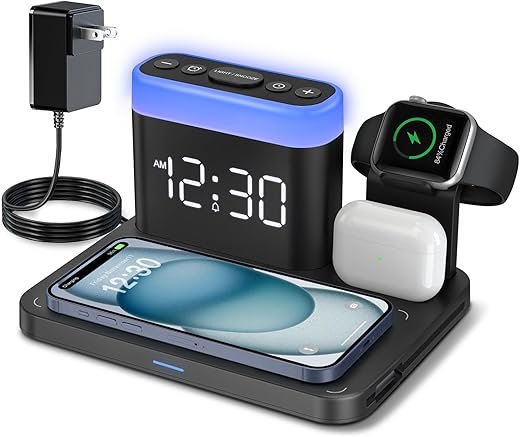 ANJANK Wirelss Charging Staion,3 in 1 Multiple Charger Stand with Alarm Clock,7 Night Light,Mag-Safe Charging Dock for iPhone 16 15 14 13 12 11 Pro Max Plus,Apple Watch10/9/8/7/Ultra/SE,for Airpods