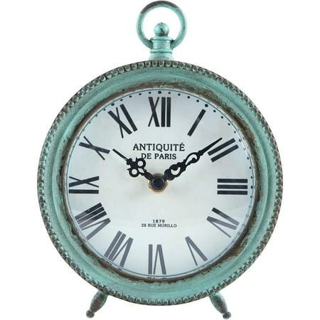 Antique Table Clock Silent Non-Ticking, Shelf Desk Top Clock Battery Operated Rustic Distressed Design, Shabby Chic Home Decor for Fireplace Mantel, Desktop, Countertop- Green