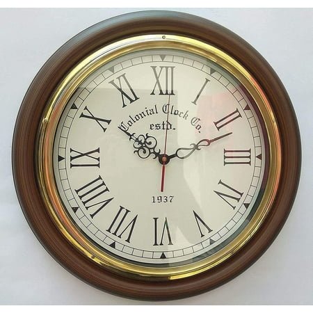 Antique Wooden Finish Brass Wall Clock, 16 Inch, Brown