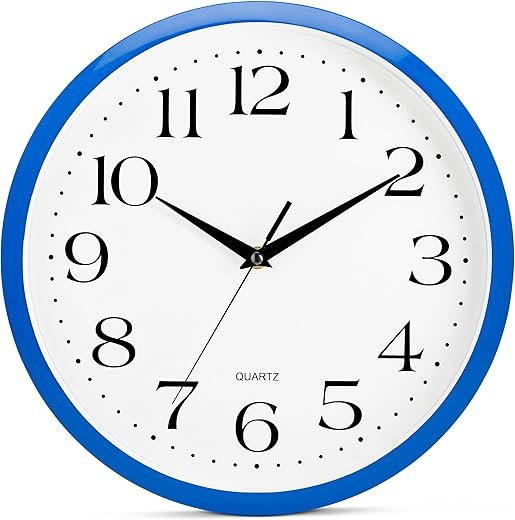 Bernhard Products Blue Wall Clock Silent Non-Ticking 12 Inch Quality Quartz Battery Operated Round Easy to Read Home/Kitchen/Office/Baby Nursery/Boys Bedroom/School Classroom/Children Playroom Clocks