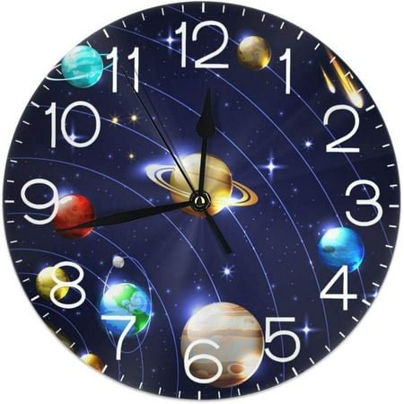 BESTKITTY Galaxy Solar System Planet Round Wall Clock Silent Non Ticking Battery Operated 9.5 Inch for Student Office School Home Decorative Clock Art