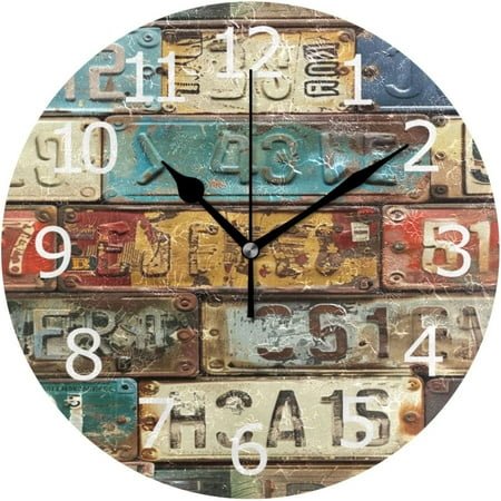 BESTKITTY Non-Ticking Silent Round Wall Clock, License Plates Vintage Decorative Clock Home Art for Meeting Room RV Healing Center