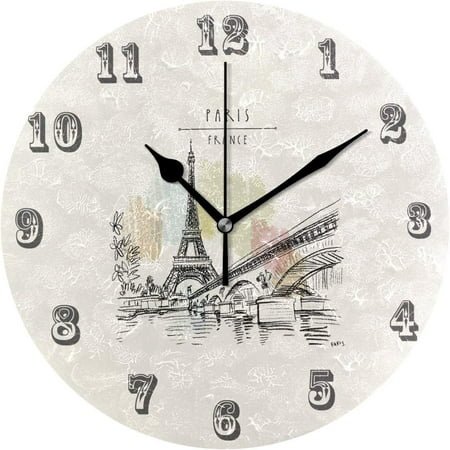 BESTKITTY Paris Eiffel Tower Wall Clock Decorative Round Acrylic Wall Clock Silent Non Ticking Creative Clock for Kids Living Room Bedroom Office Shop Kitchen