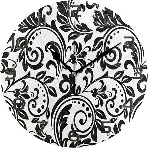 Black Damask Wall Clock, Silent Non Ticking Battery Operated Creative Decorative Round Clock for Kitchen, Living Room, Bathroom, Home School Office Decor, 10 Inch