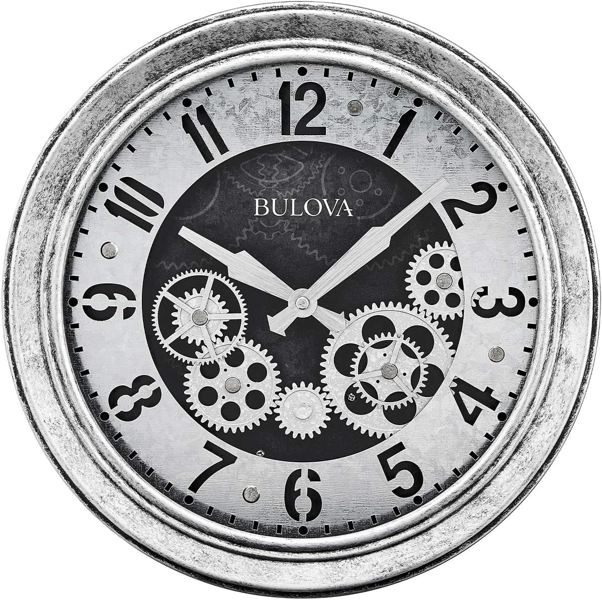 Bulova The Industrial Wall Clock C4339 | 13" Diameter | Open Gear Design | Antique Silver Finish | Quartz Movement