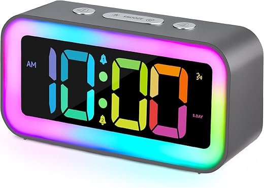 Cadmos Loud Alarm Clock for Bedrooms with Dynamic RGB Night Light,Heavy Sleepers Adults,Dual Alarm,Dimmer,USB Charger,Small Bedside Digital Clock with Led Display for Kids,Teens (Silver Gray)