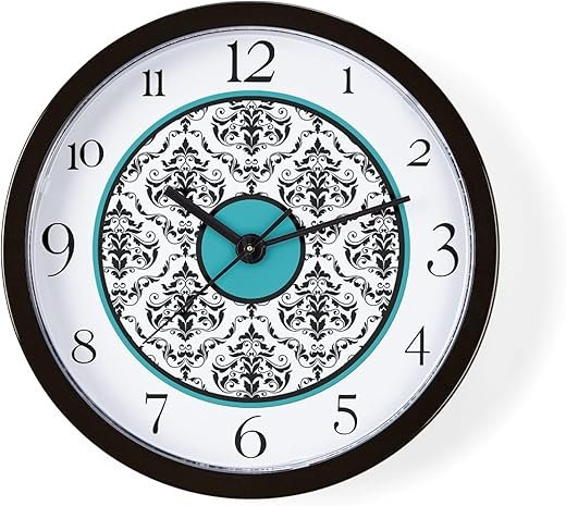 CafePress Turquoise Black White Damask Elegant Clock Wall Cl 10 Wall Clock for Livingroom, Kitchen, or Office