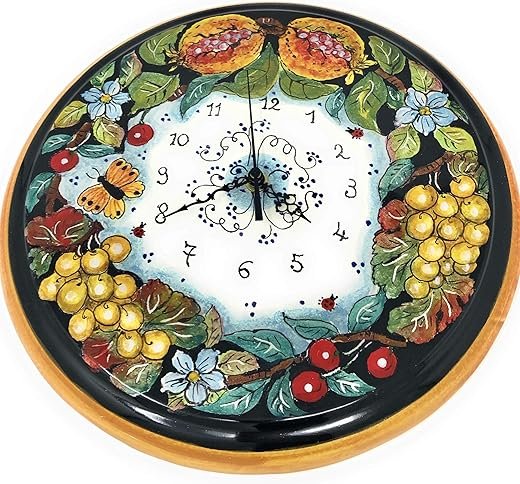 CERAMICHE D'ARTE PARRINI - Italian Ceramic Wall Round Clock Decorated Fruits Art Pottery Painted Made in ITALY Tuscan Florence