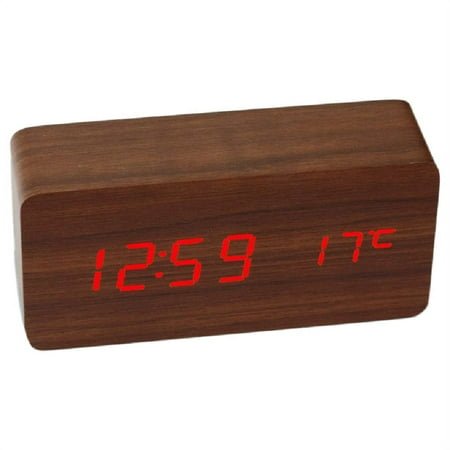 ckepdyeh Wooden Square Desk Clock LED Digital Display Alarm Clock Temperature Display Clock for Bedroom Decoration Clock Brown