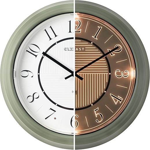 CLXEAST 14 LED Illuminated in/Outdoor Atomic Analog Wall Clock with Night Light,Coastal Beach Nautical Wall Clocks for Outdoor Patio Garden Decor, Olive Sage Green Finish