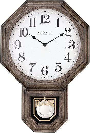 CLXEAST Pendulum Wall Clock, Large Schoolhouse Regulator Pendulum Wall Clocks for Living Room Decor,Dark Grey Oak Faux Wooden Finished Plastic,12" W x 17.5" H