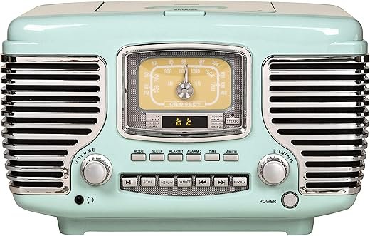 Crosley CR612B-AB Corsair Tabletop AM/FM Bluetooth Radio with CD Player and Dual Alarm Clock, Aqua Blue