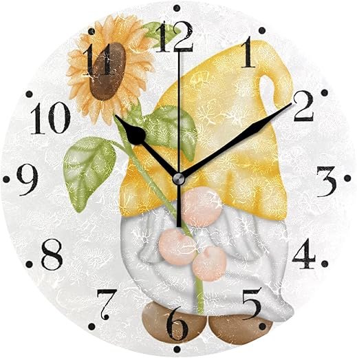 Cute Sunflower Gnome Wall Clock Silent Non Ticking Modern Art Round Wall Clock Hanging Battery Operated Clock for Kitchen Living Room Bedroom Decor