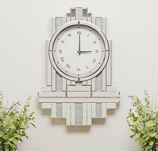 Decorative Mirrored Wall Clock: 25.6 x 17.7 inch Large Mirror Clock Wall-Mounted with Crush Diamond Silver Glass Edge Frame, Home Kitchen Modern Art Decor for Livingroom