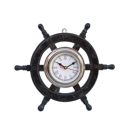 Deluxe Class Wood and Chrome Pirate Ship Wheel Clock 12 - Wood Ship Wheel Clock