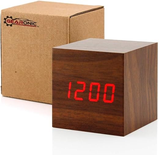 Digital Alarm Clock, Brighter Display Wooden Alarm Clocks, LED Clock For Bedroom, Small Digital clock with USB LED and Charger, Square Shape With Compatible Size Suitable For Bedrooms, Office-Brown