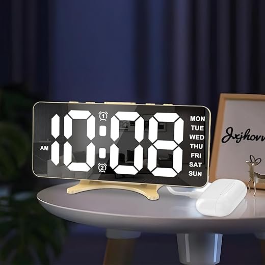 Digital Alarm Clock,LED and Mirror Desk Clock Large Display,with Dual USB Charger Ports,4 Levels Brightness,Night Mode,12/24H,Modern Electronic Clock for Bedroom Living Room Office - Gold