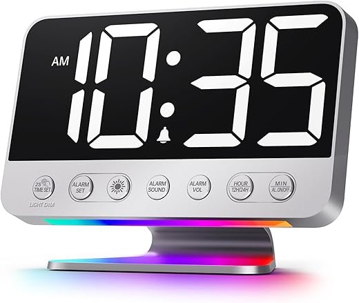 Digital Alarm Clocks for Bedrooms: Large Bold Number 5 Brightness Dimmer - Easy to Read Across The Room - 5 Alarm Sound 8 Night Light - Silver