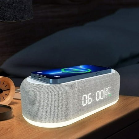 Digital Alarm Clock Wireless Charger,Bedside Clock Radio with Fast Wireless Charging 15W, Bluetooth Speaker,Dual Alarm for Heavy Sleepers,FM Radio,USB Charger,Countdown Timer,RGB Mode