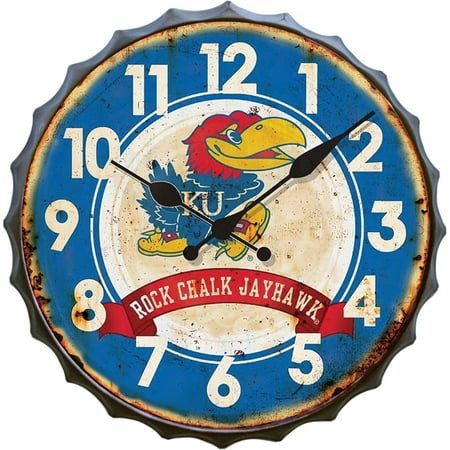 Distressed Vintage Metal University of Kansas Bottle Cap Clock Wall Art u2013 Show Off Your Team Spirit with Jayhawks KU Fan Decor