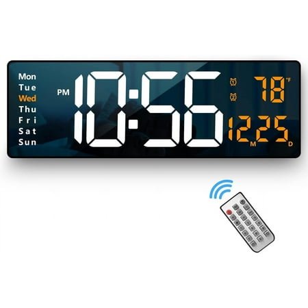 DOQAUS 15 Digital Wall Clock, Large Display LED Digital Clock with Remote Control, for Living Room Decor, Automatic Brightness Dimmer with Date Week Temperature Alarm clock Timer (Orange)