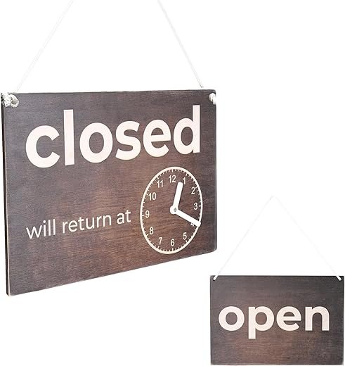 Double-Sided Open Sign with Clock - Wooden Open Closed Sign with Will Return Clock, Vintage Wood Open and Closed Signs for Business, Decorative Open Closed Sign for Door and Window, 12 х 8 Inches