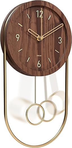 Driini Decorative Wall Clock with Pendulum (Dark) – Modern Wood, 3D Gold Numbers, Metal Frame – Small, Unique Wall Clocks for Living Room Decor or Bathroom - Battery Operated, Silent, Non-Ticking