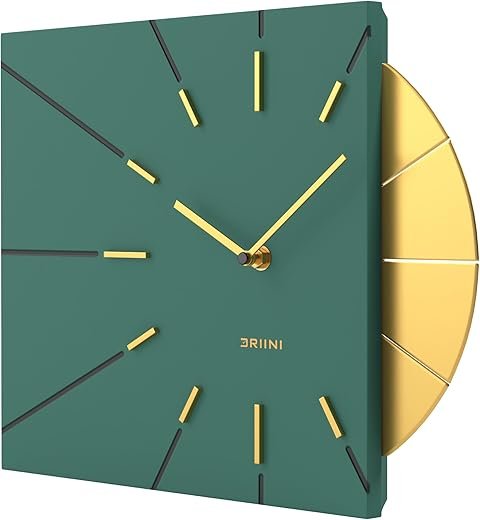 Driini Mid Century Modern Wall Clock - Square Green Clock with Decorative Gold Accent- Unique Modern Clock, Battery Operated - MCM Wall Clock & Decorative Wall Clock for Mid Century Modern Decor.