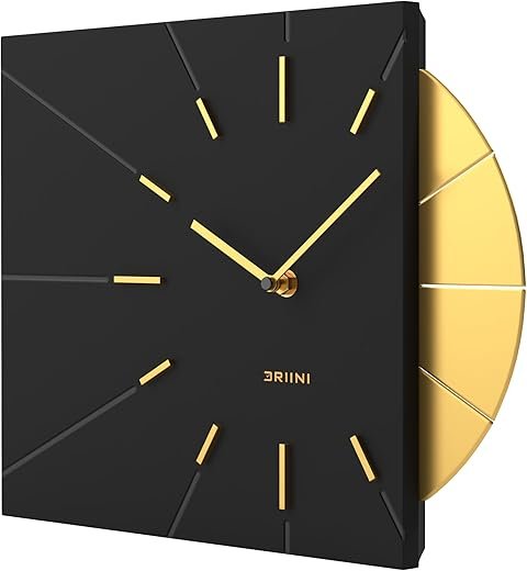 Driini Mid Century Modern Wall Clock – Square Black Clock with Decorative Gold Accent- Unique Modern Clock, Battery Operated - MCM Wall Clock & Decorative Wall Clock for Mid Century Modern Decor.