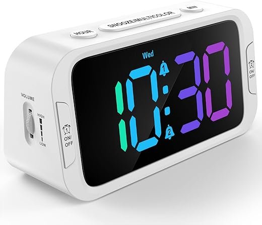 Dual Colorful Alarm Clock for Kids Bedroom - 0-100% Dimmer, 5 Alarm Sounds, USB Charger, Easy to Set, Weekday/Weekend Mode, Snooze, 12/24Hr, Battery Backup, Digital Clock for Teens Boys Bedside