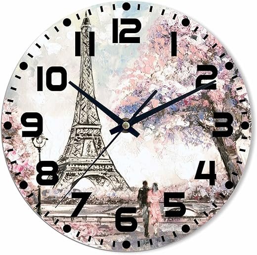 Eiffel Tower Wall Clock Paris Pink Tree Couple Love Oil Painting Street Battery Powered Wall Clock Silent Non Ticking 10 Inch for Living Room, Kitchen, Home,Bathroom, Bedroom