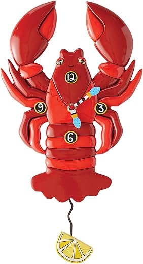 Enesco Allen Designs DaPinci Red Lobster Wall Clock - Battery Operated Pendulum Analog Clock, Stone Resin Decorative Clocks for Walls Home Decor Kitchen Clocks, 12.2 Inch