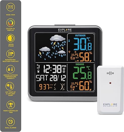 Explore Scientific Home Weather Station Radio Controlled Alarm Clock with Color Display and Remote Sensor