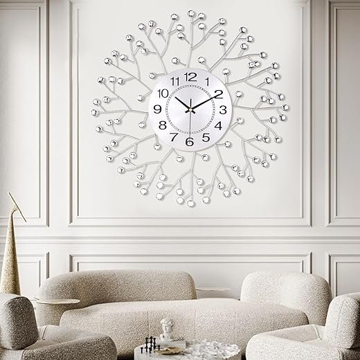 FILLOVE 19.7 Inch Large Decorative Wall Clock for Living Room Decor, Non-Ticking Quiet Modern Metal Starburst Bling Silver Crystal Wall Clock for Living Room, Bedroom, Study, Office