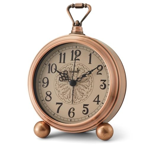 FLOITTUY 4.5" Battery Operated Antique Retro Analog Metal Alarm Clock, Silent Bedside Desk Clock, Wall-Hanging Vintage Clock(Vintage Bronze)