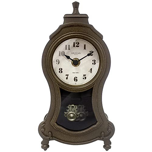 FOUNTAIN DESIGNS 10" x 5" Cogsworth Mantel Clock with Pendulum, Modern Famrhouse Style Wall Décor, Desk & Shelf Clock, Tabletop Décor, Antique Bronze Color