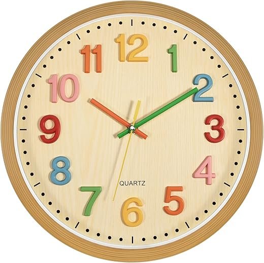 Foxtop Silent Kids Wall Clock Non-Ticking Battery Operated Colorful Childrens Clock for Classroom Playroom Nursery Bedrooms Kids Room (3D Numbers, 12 inch)