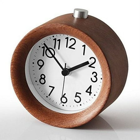 Fymlhomi Small Battery Operated Analog Travel Alarm Clock ,Creative Wood Clock Silent No Ticking, Ascending Beep Sounds, Snooze,Light Functions,Gentle Wake, Easy Set.